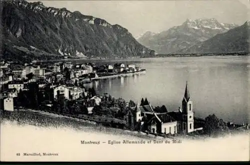 Ak Montreux Kanton Waadt Schweiz, Deutsche Kirche, Dent du Midi