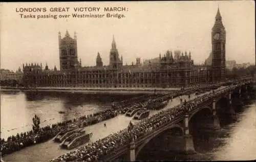 PC City of Westminster London England, Great Victory March, Tanks passing over Westminster Bridge