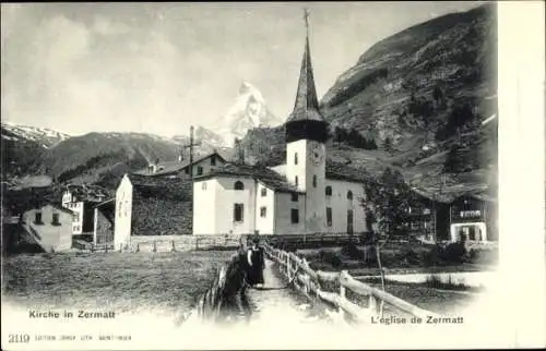 Ak Zermatt Kanton Wallis, Kirche, Straße, Frau