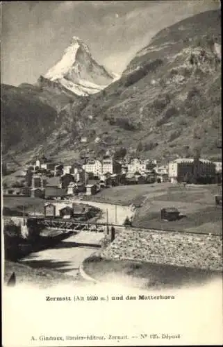 Ak Zermatt Kanton Wallis Schweiz, Blick auf den Ort mit Matterhorn