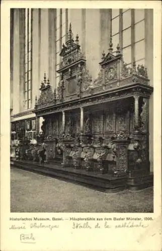 Ak Basel Bâle Stadt Schweiz, Historisches Museum, Häupterstühle aus Basler Münster