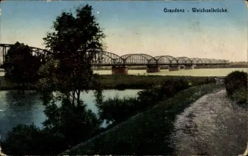 Ak Grudziądz Graudenz Westpreußen, Weichselbrücke und Uferstraße