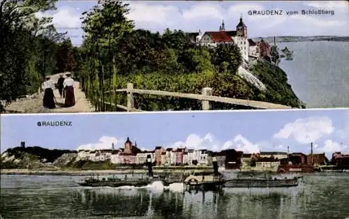 Ak Grudziądz Graudenz Westpreußen, Blick vom Schlossberg aus, Weichseldampfer