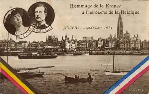 Ak Anvers Antwerpen Flandern, Hommage Frankreichs an den Heldentum Belgiens 1914, Albert I.