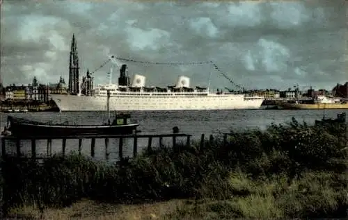 Ak Antwerpen Antwerpen Flandern, Fährschiff im Hafen, Stadt