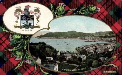 Passepartout Wappen Ak Oban Schottland, Blick auf die Insel, Tartan von MacDuff, Disteln