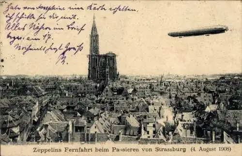 Ak Strasbourg Straßburg Elsass Bas Rhin, Zeppelin über der Stadt 1908, LZ 4, Luftschiff