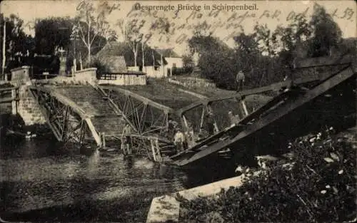 Ak Sępopol Schippenbeil Ostpreußen, Gesprengte Brücke, I. WK