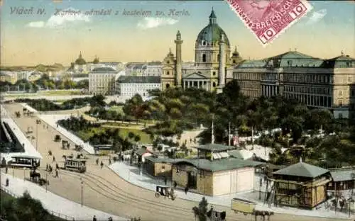 Ak Wien 4. Bezirk Wieden, Karlsplatz mit Karlskirche, Straßenbahn