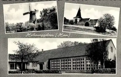 Ak Hoheneggelsen Söhlde in Niedersachsen, Windmühle, Wehrkirche, Schule