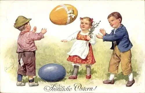 Künstler Ak Feiertag, Karl, Frohe Ostern, Kinder werfen Ostereier, Weidenkätzchen