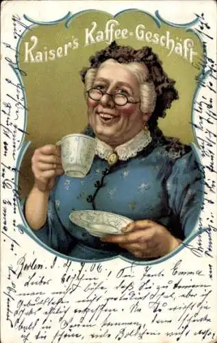 Litho Kaiser's Kaffee-Geschäft, Frau mit Kaffeetasse und Untertasse