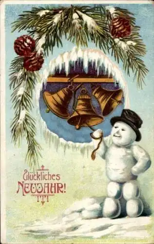 Präge Litho Fröhliches Neujahr, Schneemann läutet die Glocken