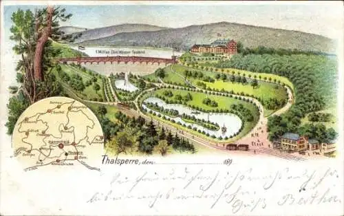 Litho Remscheid im Bergischen Land, Blick auf die Talsperre, Stausee, Wald, Hotel W. Jäger