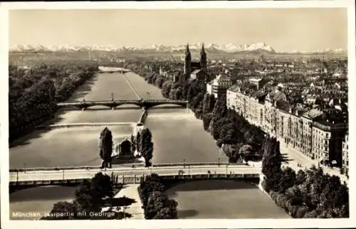 Ak München Bayern, Panorama, Isar, Gebirge, Brücken, Alpen