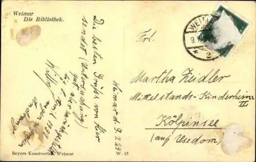 Ak Weimar in Thüringen, Bibliothek, Denkmal