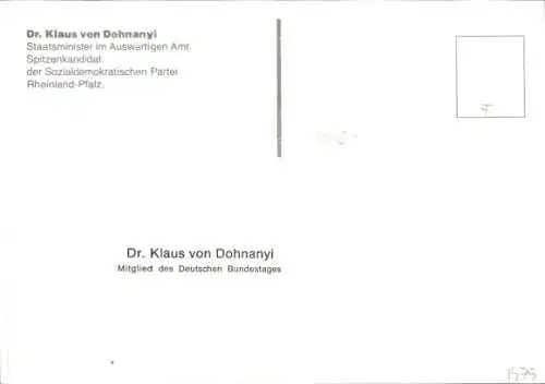 Ak Politiker Klaus von Dohnanyi, Portrait, erster Bürgermeister von Hamburg, Autogramm