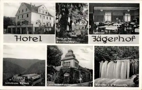 Ak Emmelshausen im Hunsrück, Hotel Jägerhof, Wasserfall, Lamscheider Stahlbrunnen, Schlossruine