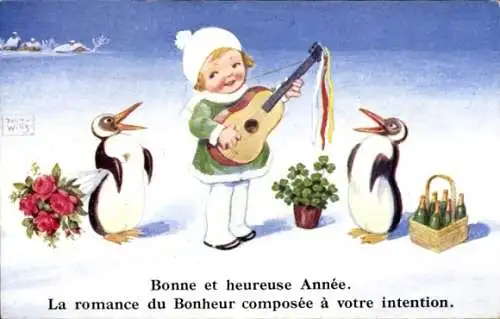 Künstler Ak Wills, John, Fröhliches Neujahr, Mädchen mit Gitarre, Pinguine, Klee, Sekt