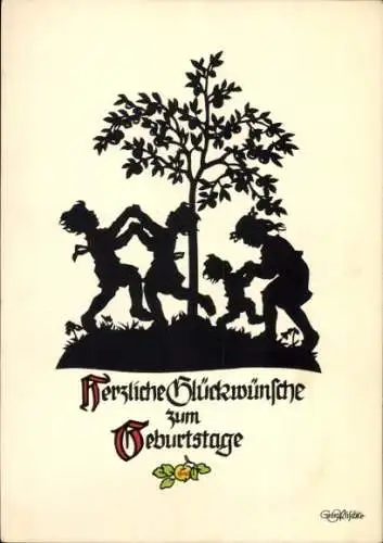 Scherenschnitt Künstler Ak Plischke, G., Glückwunsch Geburtstag, Tanzende Kinder