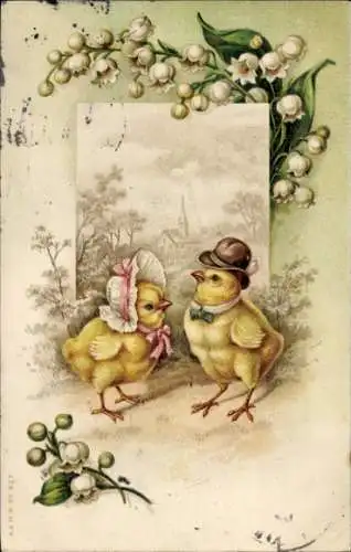 Litho Glückwunsch Ostern, vermenschlichte Küken, Maiglöckchen