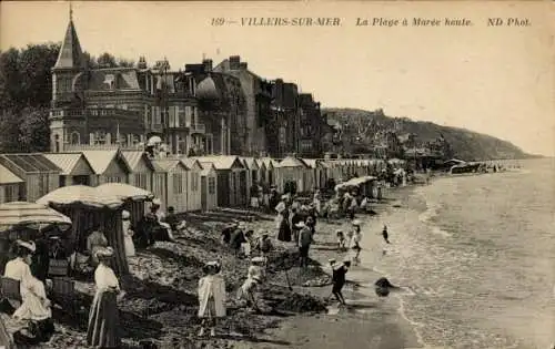 Ak Villers sur Mer Calvados, Plage a Maree haute, Kabinen