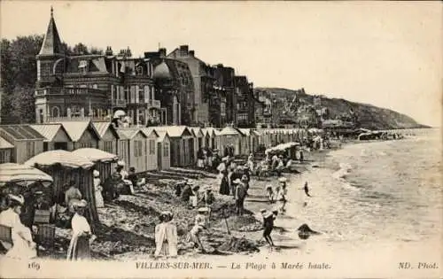 Ak Villers sur Mer Calvados, Plage a Maree haute, Kabinen