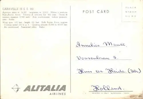 Ak Italienisches Passagierflugzeug Alitalia, Caravelle III S. E. 210