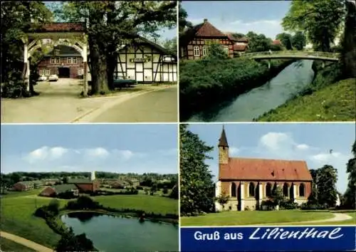 Ak Lilienthal Niedersachsen, Teilansichten, Kirche, Fachwerkhäuser, Brücke
