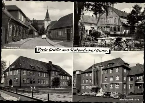 Ak Rotenburg an der Wümme, Kreissparkasse, Am Wasser, Turmstraße, Stadtschule