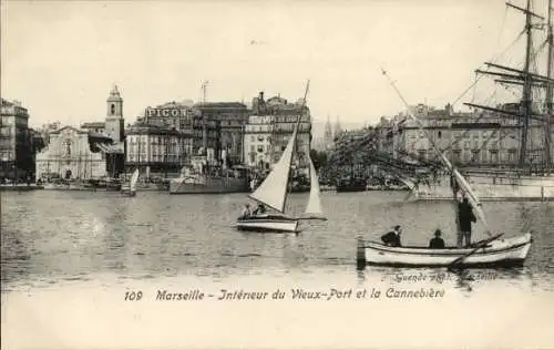 Ak Marseille Bouches du Rhône, Hafen, Cannebière