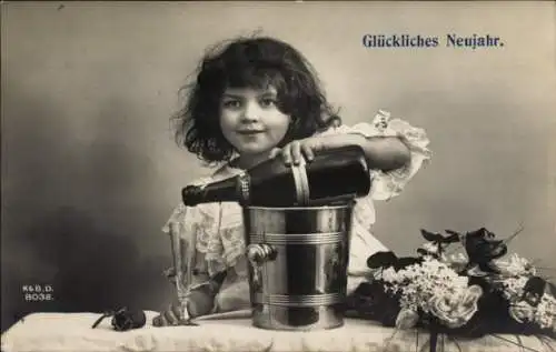 Ak Glückwunsch Neujahr, Mädchen, Sektflasche, Eimer, Blumen