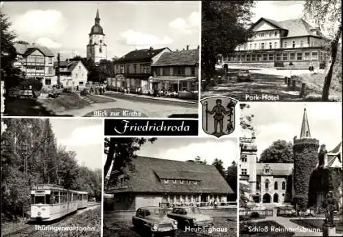 Ak Friedrichroda im Thüringer Wald, Kirche, Park-Hotel, Thüringerwaldbahn, Heuberghaus