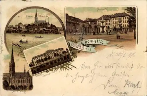 Litho Chemnitz in Sachsen, Schloss Chemnitz, Petrikirche, Königl. Gymnasium, Neumarkt