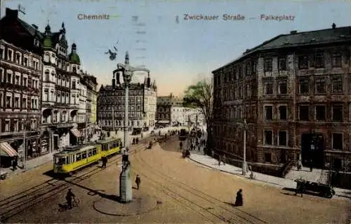 Ak Chemnitz in Sachsen, Zwickauer Straße, Falkeplatz, Straßenbahn