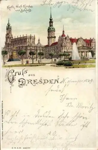 Halt gegen das Licht Litho Dresden Zentrum Altstadt, Katholische Hofkirche und Schloss