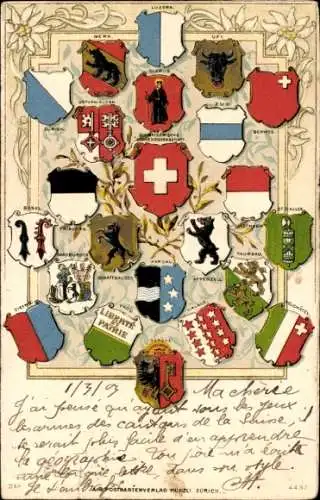 Wappen Litho Schweiz, Kantonalwappen, Appenzell, Thurgau, Neuchatel, Bern, Luzern