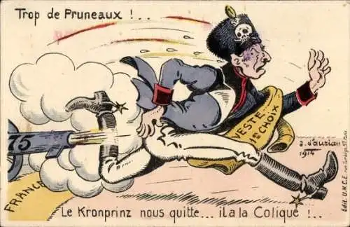 Künstler Ak Karikatur, Kronprinz Wilhelm von Preußen, Trop de Pruneaux