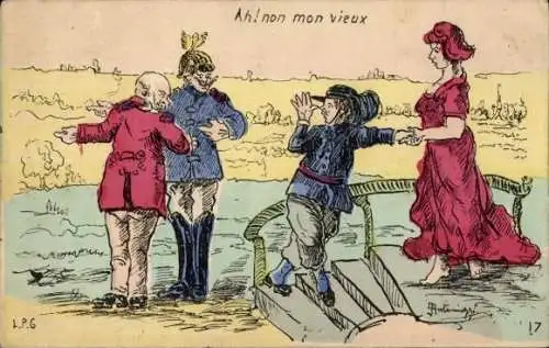 Künstler Ak Karikatur, Propaganda Frankreich, Italien, Kaiser Franz Joseph I., Wilhelm II