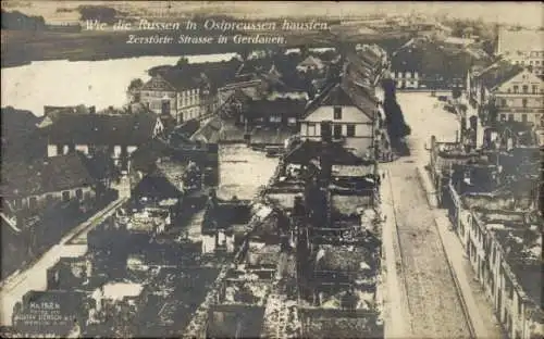 Ak Schelesnodoroschny Gerdauen Ostpreußen, zerstörte Häuser, Kriegsschauplatz