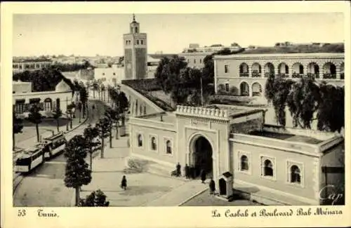 Ak Karthago Tunis Tunesien, Moschee mit Minarett am Boulevard Bab Menara