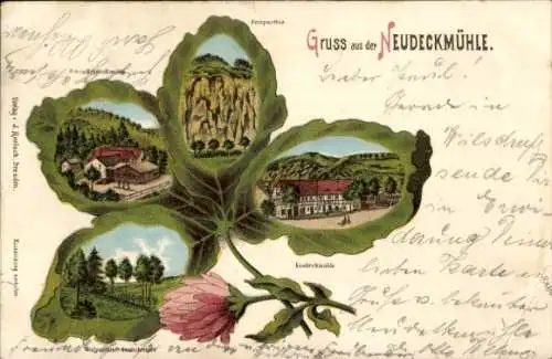 Kleeblatt Litho Klipphausen in Sachsen, Neudeckmühle, Teilansichten, Felsen