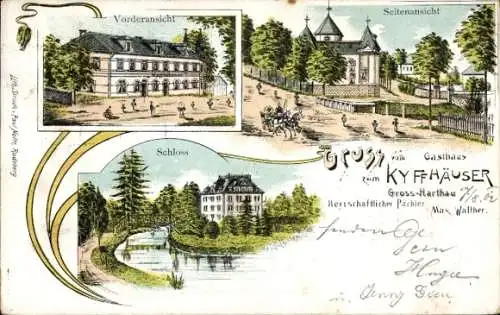 Litho Großharthau in Sachsen, Gasthaus zum Kyffhäuser, Pächter Max Walther, Schloss