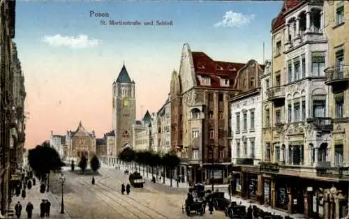 Ak Poznań Posen, St. Martinstraße und Schloss