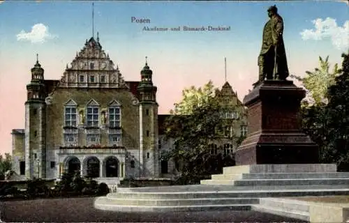 Ak Poznań Posen, Akademie und Bismarckdenkmal, Grünanlagen