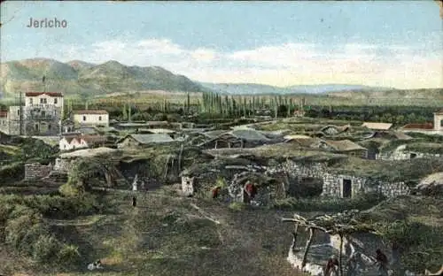 Ak Jericho Palästina, Jordan Hotel, Blick auf den Ort, Steinhütten, Berge