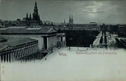 Mondschein Ak Wien 1 Innere Stadt, Reichratsgebäude und Franzensring bei Nacht