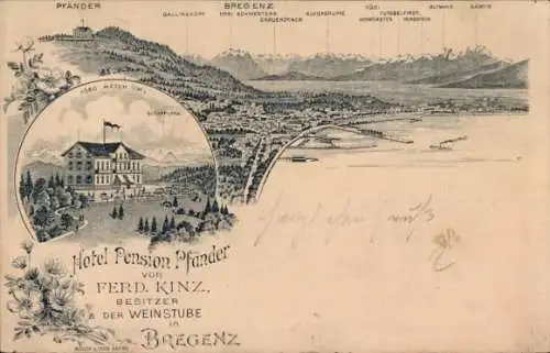 Litho Bregenz am Bodensee Vorarlberg, Hotel Pension Pfänder, Panorama