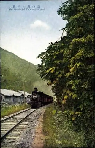 Ak Japan, Landschaft mit Eisenbahn, Dampflok