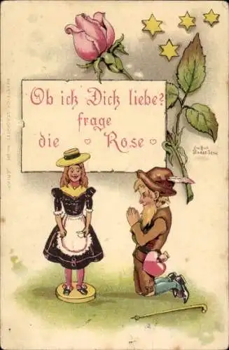 Künstler Ak Ob ich Dich liebe, frage die Rose, Mann kniet vor einer Frau